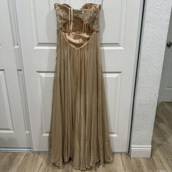 La Femme Gold Dress Flare Sequence Bling Prom Wedding Size 6 Fancy Luxury Pretty - Picture 9 of 15